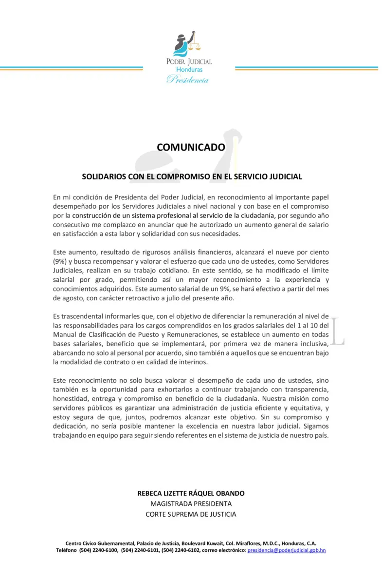 Autorizan incremento del 9% a empleados permanentes del Poder Judicial