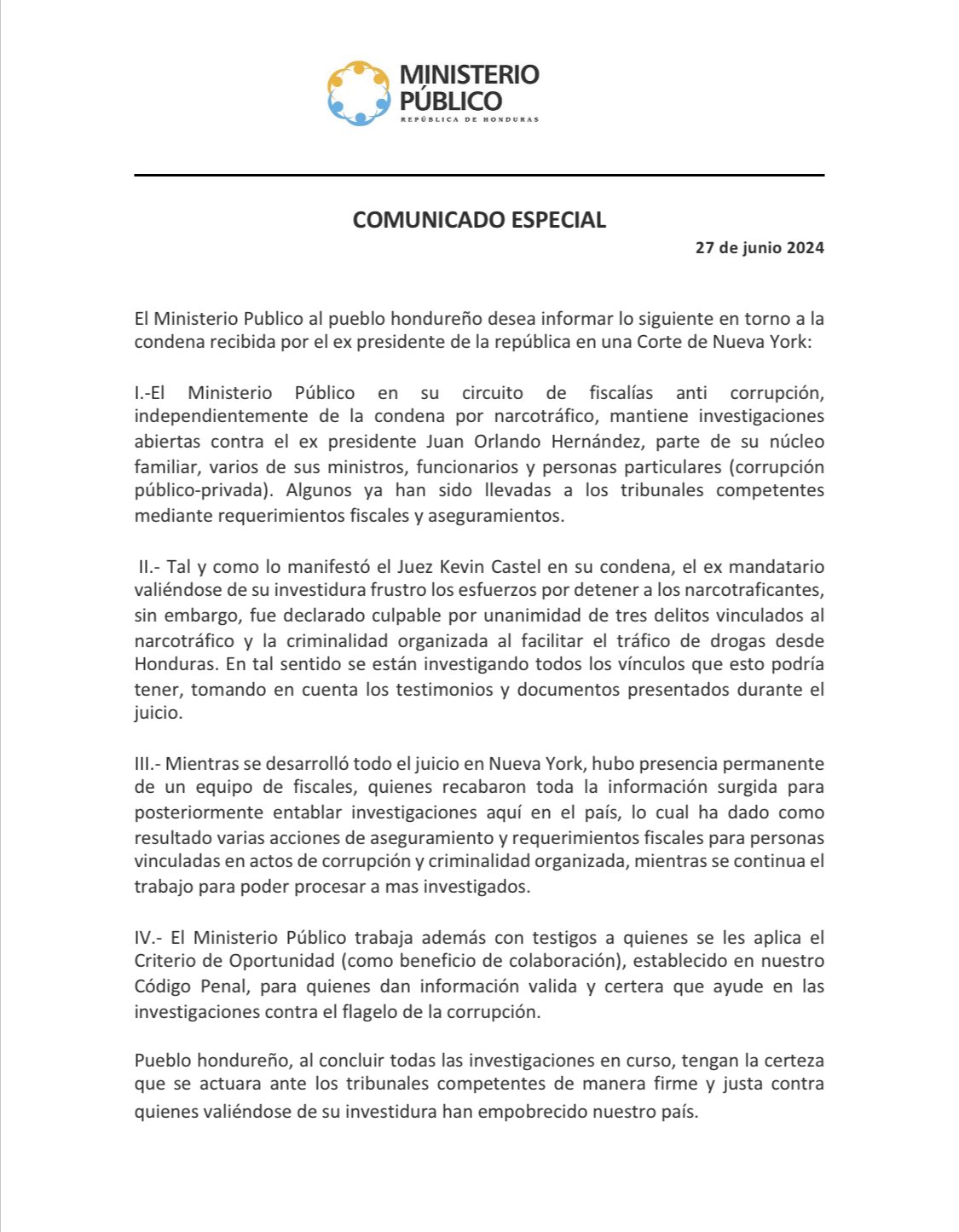 Comunicado del Ministerio Público (MP).