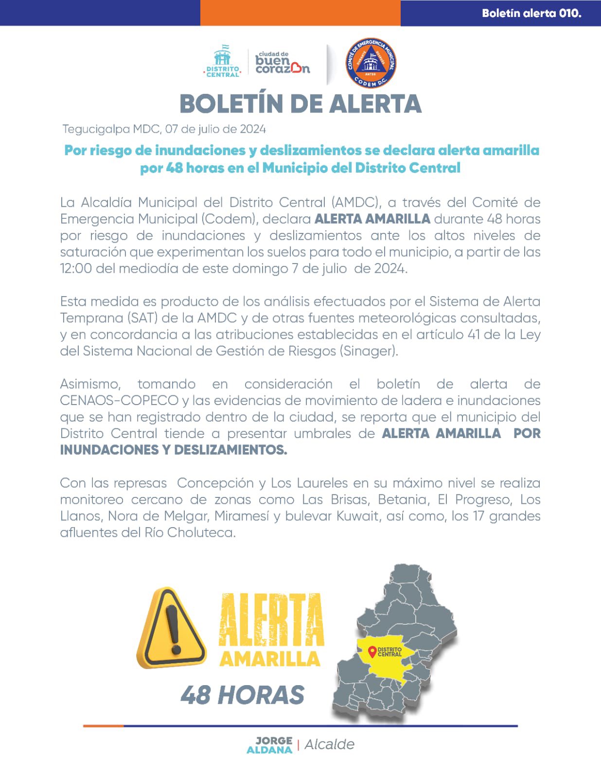 Declaran alerta amarilla en Distrito Central por 48 horas