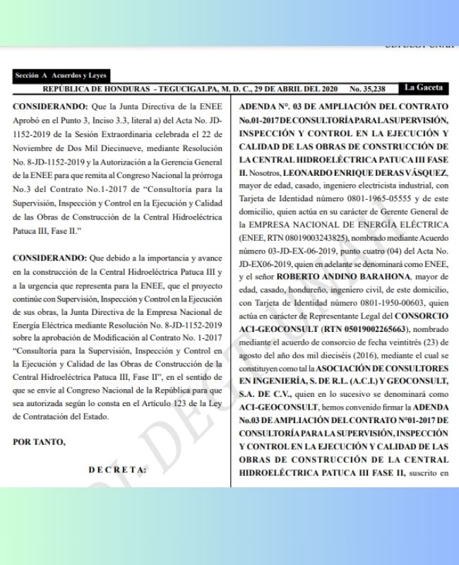 ENEE asume el control operativo de la hidroeléctrica Patuca III