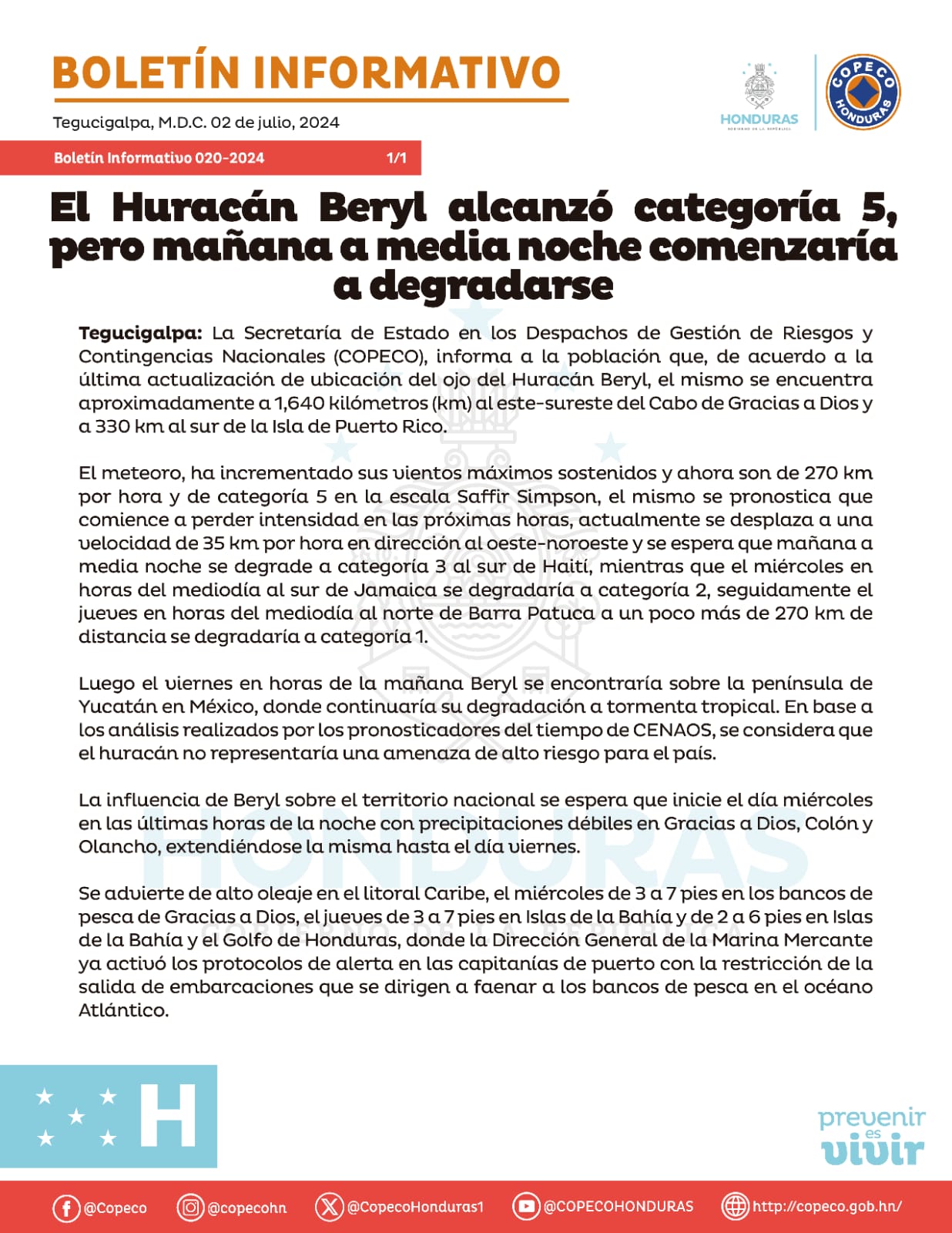 Copeco huracán Beryl